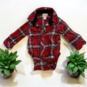 Cat & Jack Newborn Onesie Plaid Red snap bottom button front sz NB